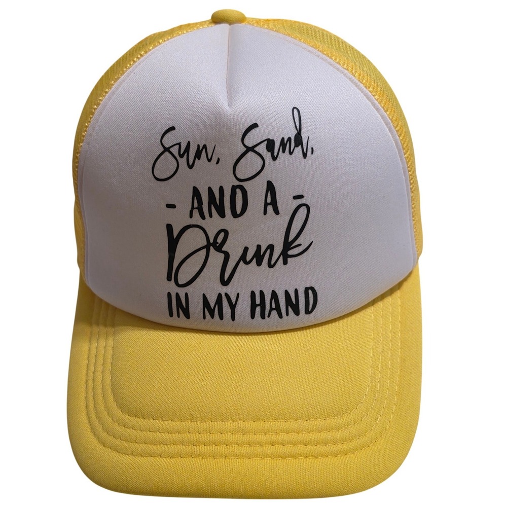 Yellow Sun Sand and a Drink in My Hand Trucker Hat Mesh Snapback Cap Mens